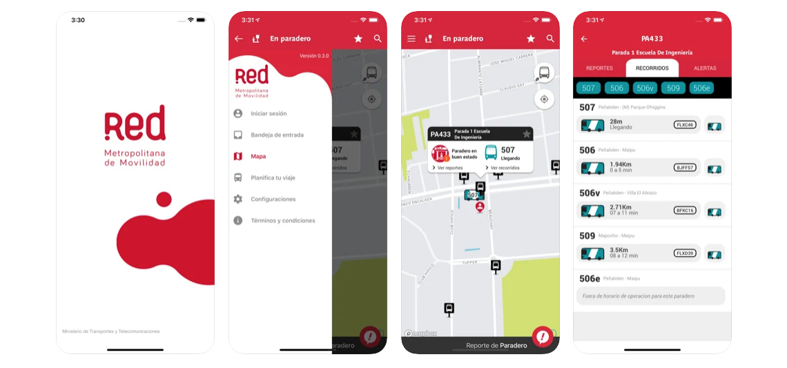 Screens of the Red Motropolitana mobile app.