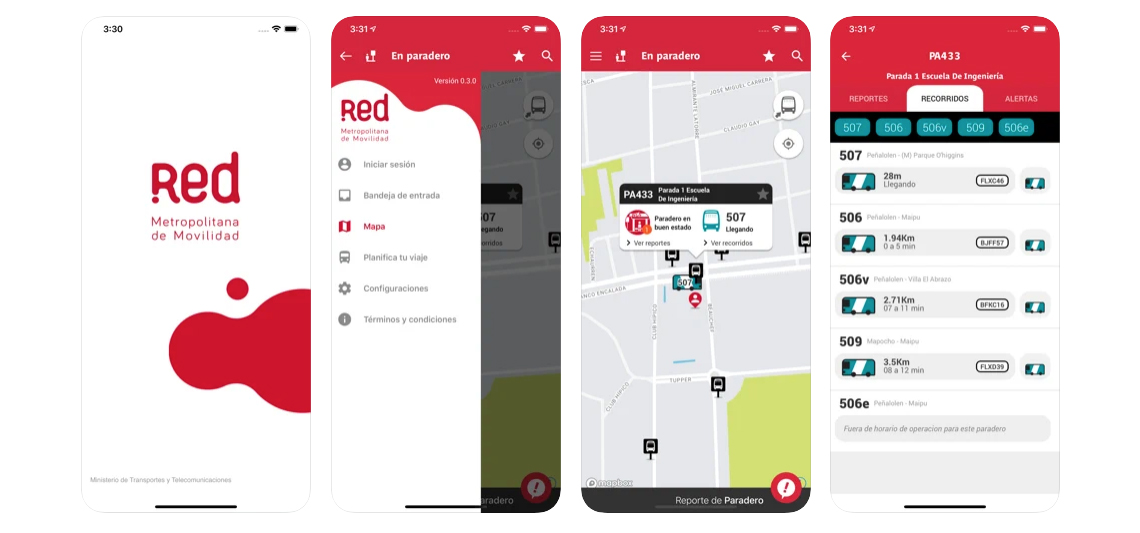 Pantallas de la app móvil Red Motropolitana.